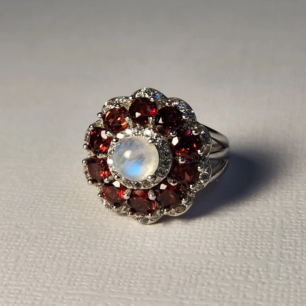 VTG Custom Garnet, Rainbow Moonstone & Zircon 925 Ring Sz 6 - Picture 5 of 13